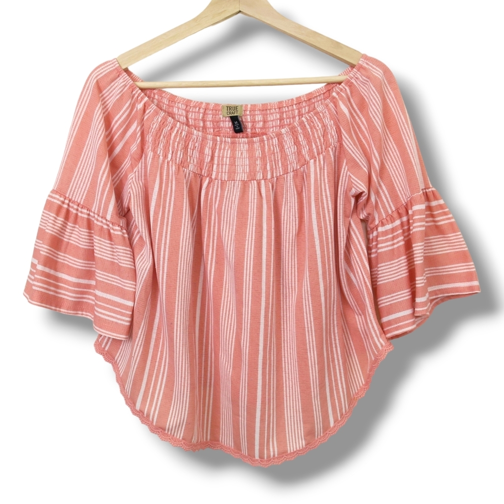 True Craft Off Shoulder Shirt Striped Peach White Medium